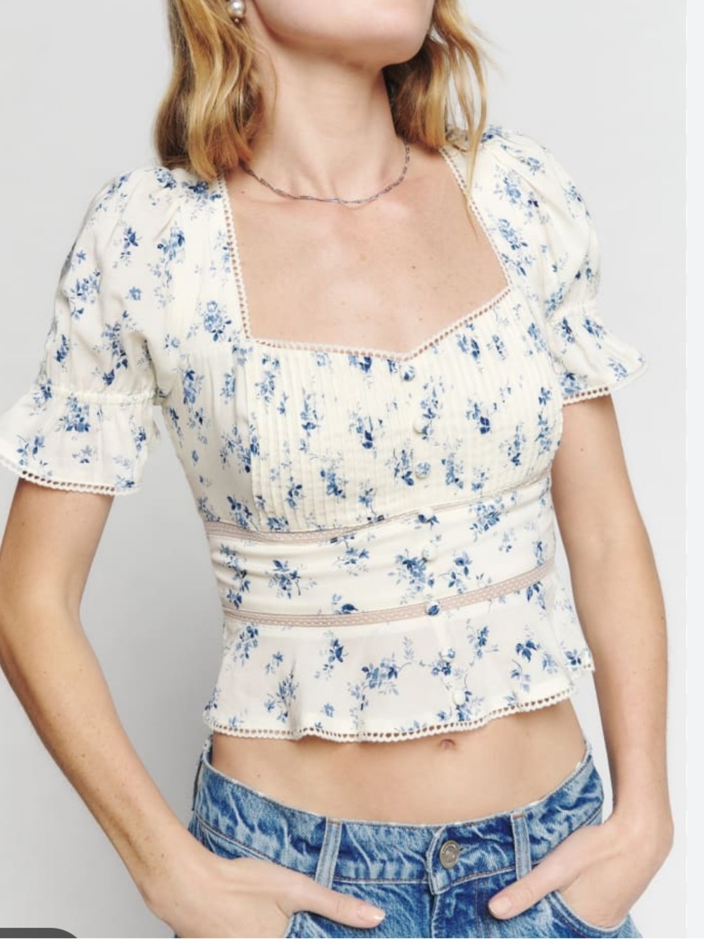Reformation Cream Floral Square-Neck Crop Top with Blue Print